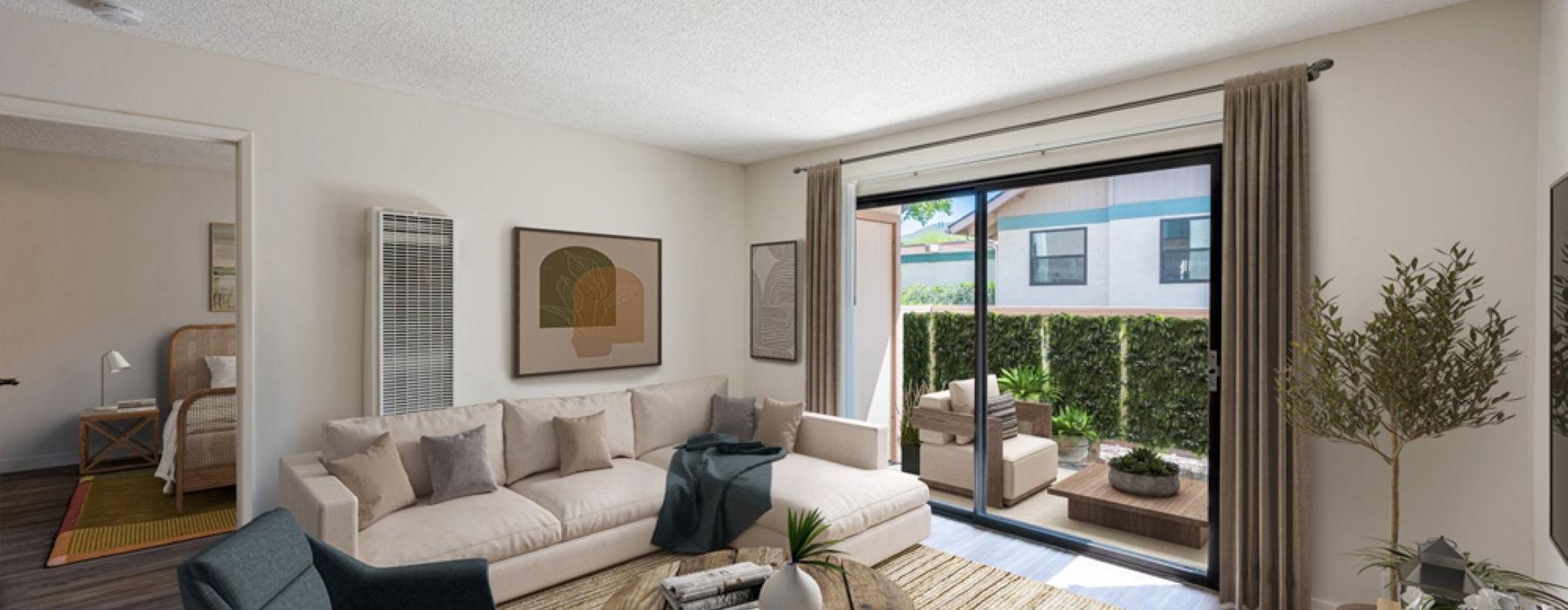 a living room with a large glass door